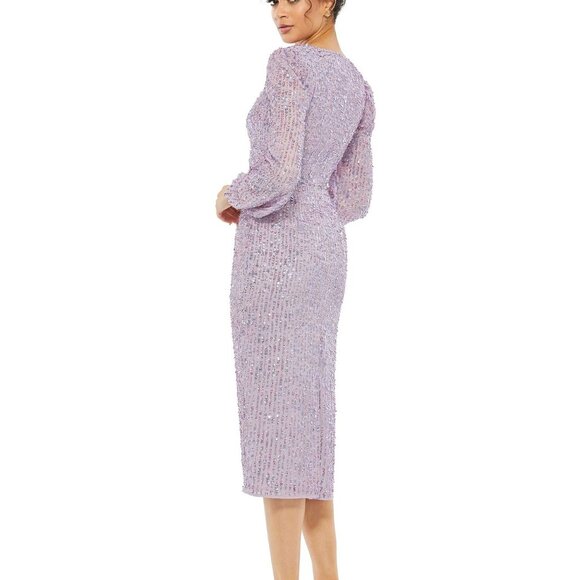 Mac Duggal Lavender Illusion Puff Sleeve V Neck Midi Dress Size 12 New NWT - Picture 6 of 9